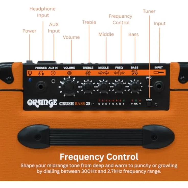 Orange Crush Bass 25, 25 Watt Bass Combo mit 1x 8" Lautsprecher, eingebautem Stimmgerät und Cabsim Boxensimulation – Bild 3