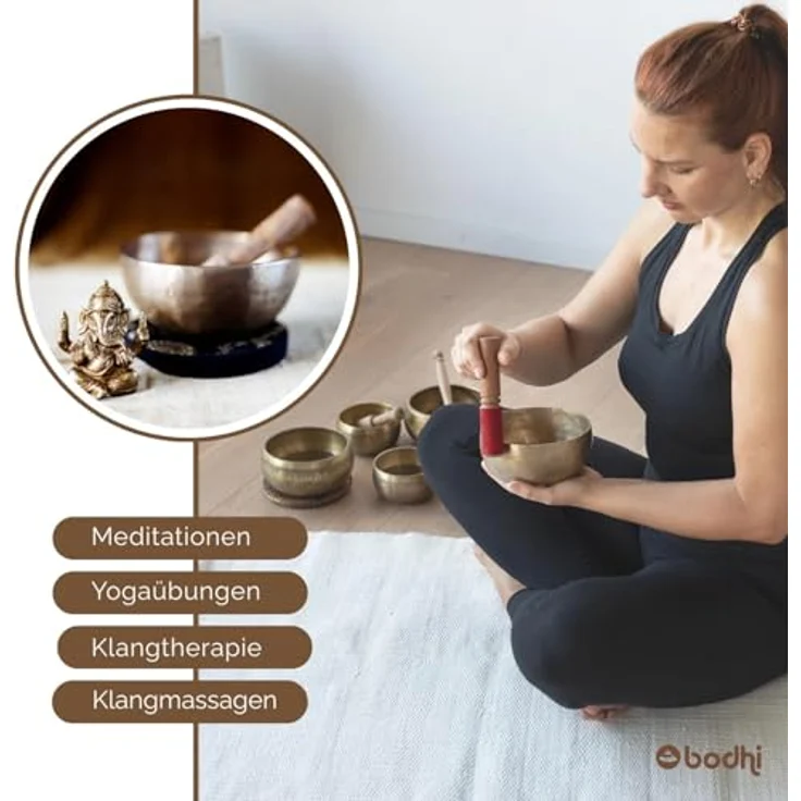 Bodhi Tibetische Klangschale Ø 13 cm, Handgefertigtes Klangschalen Set aus Bronze mit Kissen & Klöppel, Gold/Holzfarben, Ideal für Meditation und als spirituelles Geschenk – Bild 5