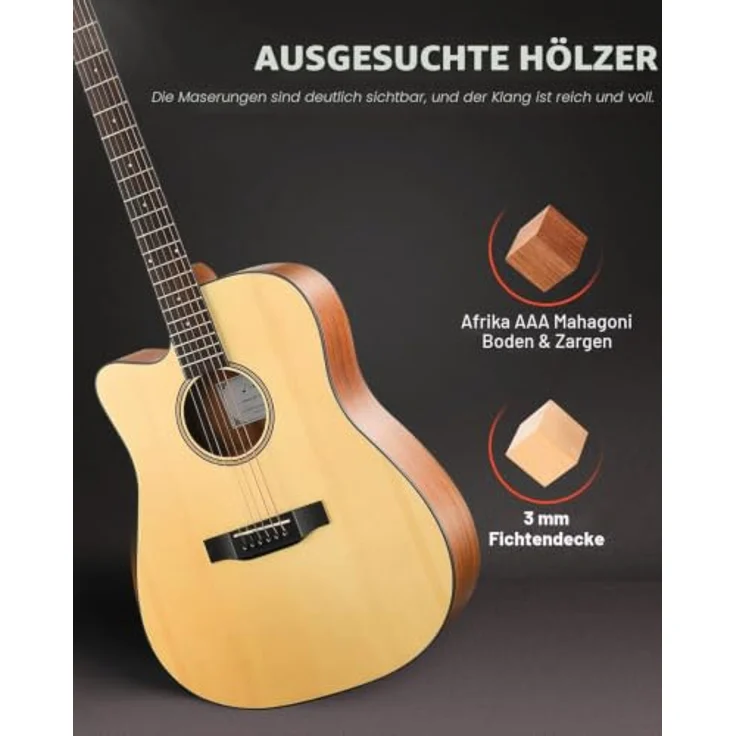 Donner Linkshänder Akustikgitarre 4/4 Set, 41 Zoll Cutaway mit Fichtendecke, Mahagonikorpus, Gigbag, Capo und Plektren (Natur) – Bild 4