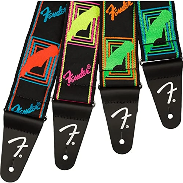 Fender Neon Monogrammed Strap, Gitarrengurt aus reißfestem Polypropylen mit Lederenden, verstellbar von 86 cm bis 149 cm, Neon Gelb/Pink – Bild 3