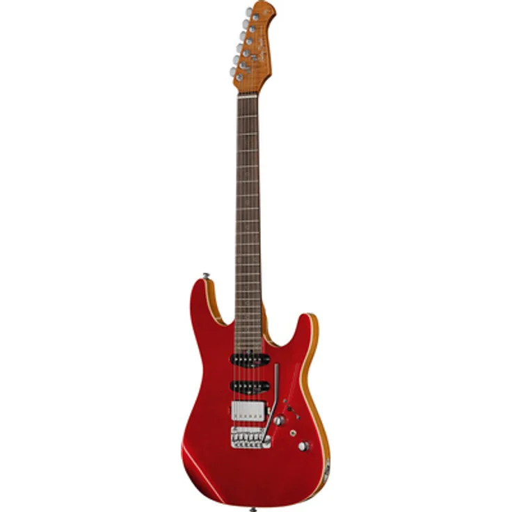 Harley Benton Fusion-IV HSS RW Red Metallic Gloss, E-Gitarre mit Nyatoh Korpus, Canadian Roasted Flamed Maple Hals und Alnico 5 Humbucker