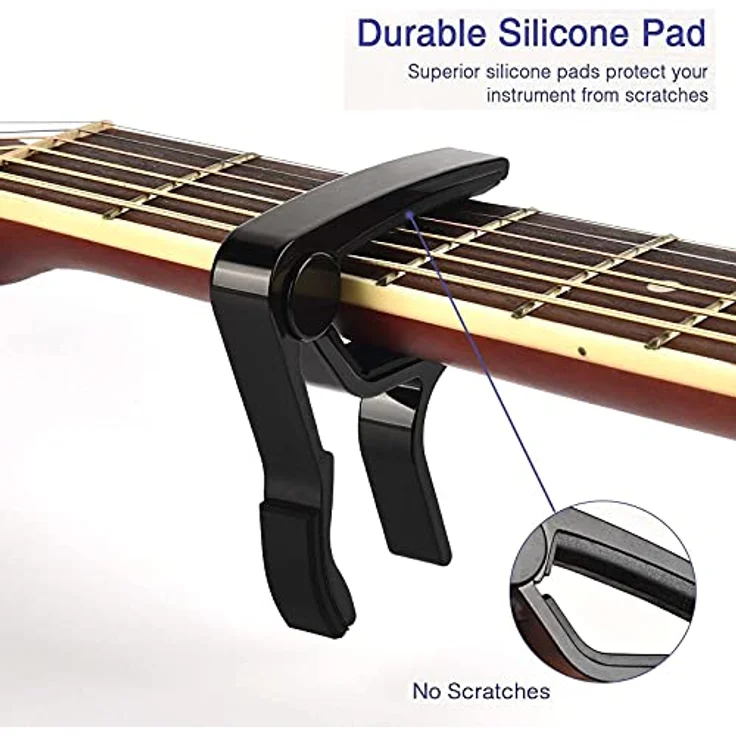 LEKATO LGC-1 Kapodaster für Akustik- und E-Gitarre, Ukulele, Mandoline, Banjo, Schwarz, mit 6 Plektren und weichem Silikonpad – Bild 2