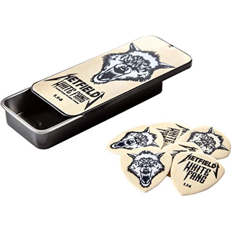 Dunlop Hetfield's White Pick 1,14 mm, Signature Plektren Set mit erweitertem Grip, in weiß, 6 Stück im Blech-Etui – Bild 1