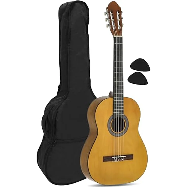 Juan Miguel Navarrez Konzertgitarre 4/4, klassische Gitarre honeyfarben aus Lindenholz, inkl. Tasche – Bild 1