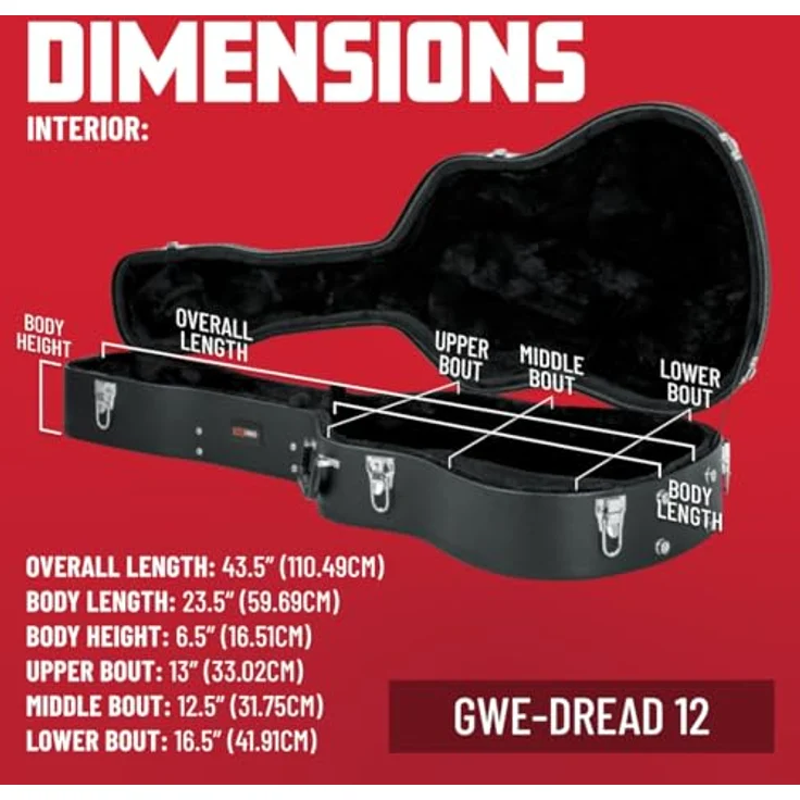 Gator GWE-Dread 12, Hartschalen-Holzkoffer für 6- oder 12-saitige Dreadnought-Gitarren, ultra-robuste Sperrholzkonstruktion mit schwarzer Tolex-PVC-Beschichtung – Bild 4