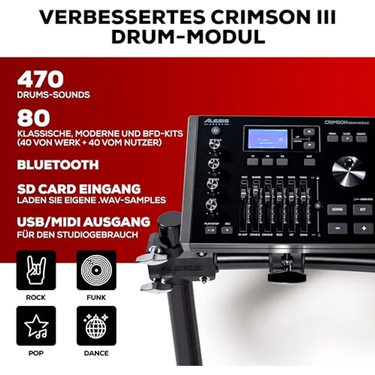 Alesis Crimson III Mesh E-Drum Kit, vielseitiges E-Drum Set mit 40 Drumkits, 12" Zwei-Zonen Snare und 14" 3-Zonen Ride Becken, schwarz – Bild 2
