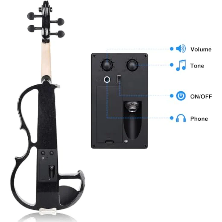 Vangoa 4/4 Elektrische Violine E Geige, Massivholz, Schwarz, mit Kolophonium, Tragetasche, Audiokabel, Schulterstütze und Bogen – Bild 5