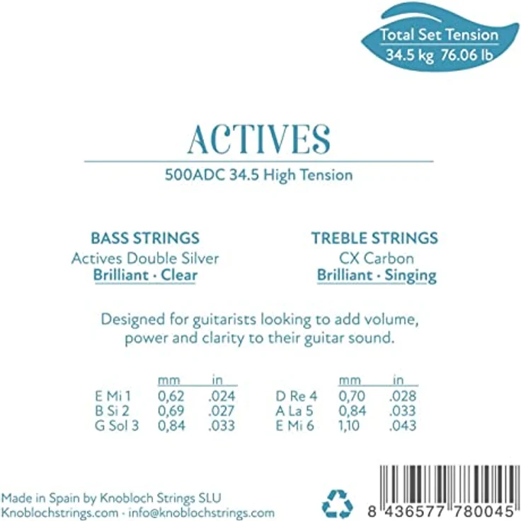 Knobloch Strings Double Silver Carbon CX 500ADC, Gitarrensaiten Satz für Konzertgitarre, High Tension, Carbon Diskant und Double Silver Bass, made in Spain – Bild 2