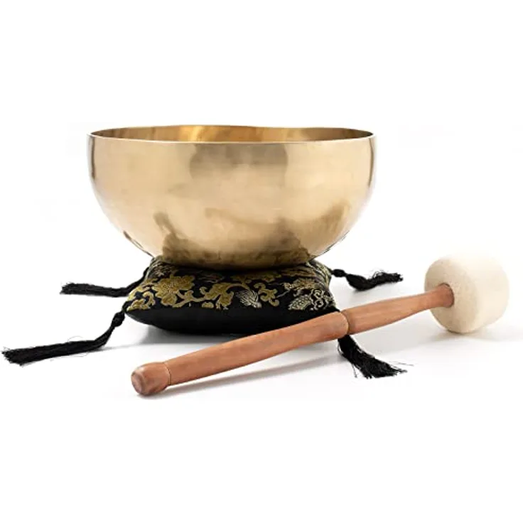 Klangschalen-Center Traditionelle Klangschale, 20 cm Durchmesser, Gold, inkl. schwarzem Kissen und Holz-/Filzklöppel, für Meditation und Yoga, Handarbeit aus Nepal