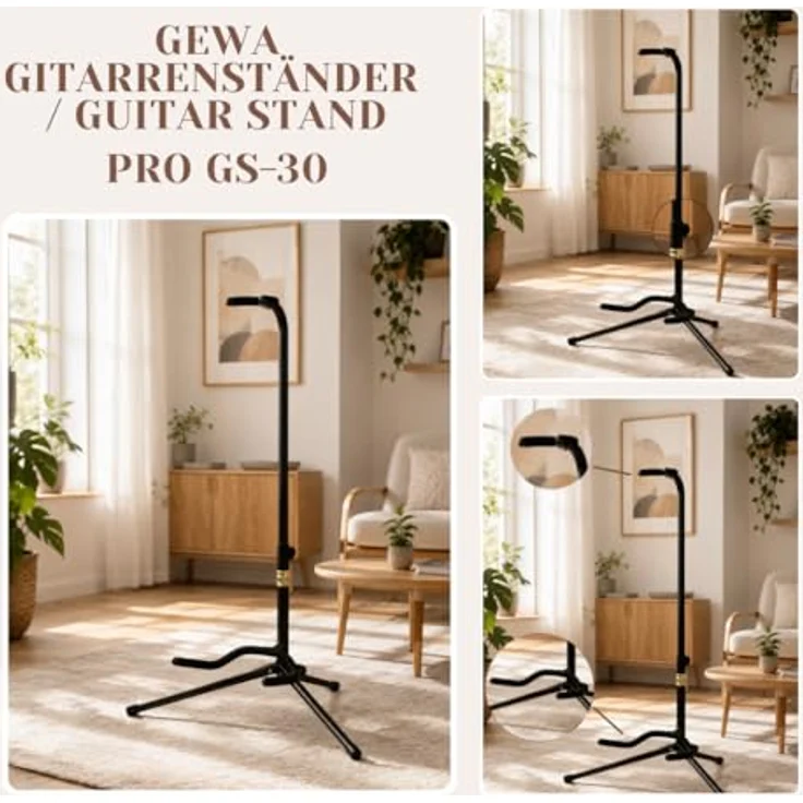 GEWA Gitarrenständer De Luxe GS-30B, höhenverstellbar 60-83 cm für Akustik- und E-Gitarre, mit weicher Polsterung, schwarz – Bild 3