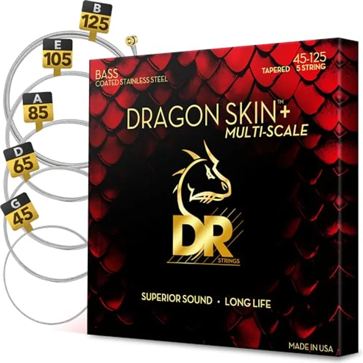 DR Strings Dragon Skin+ DBSM5-45 Coated, 5-saitiger Tapered Multi-Scale Gitarrensaitensatz aus Edelstahl mit mikro-dünner Beschichtung, Medium Gauges 45-125 – Bild 1