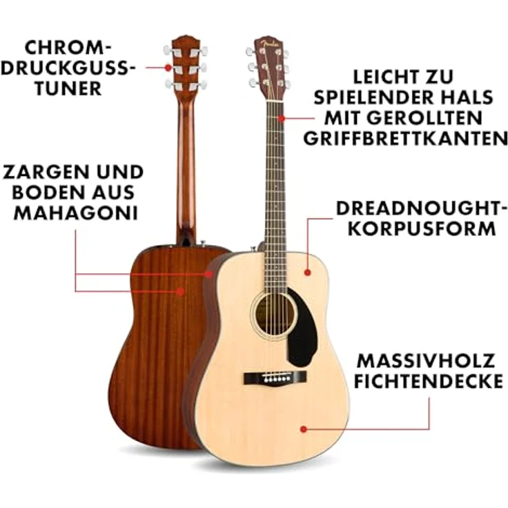 Fender CD-60S Dreadnought Akustikgitarre, Mahagoni-Korpus, Walnussgriffbrett, Natur, inkl. Kostenloser virtueller Unterricht – Bild 2