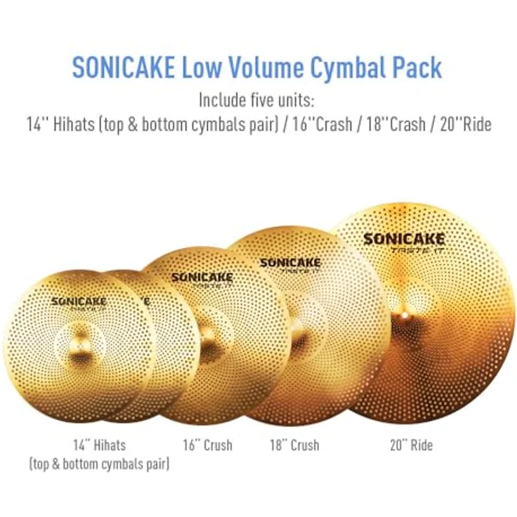 SONICAKE Cymbal Set, 14" HiHat + 16" Crash + 18" Crash + 20" Ride, leise, goldene Oberfläche, inkl. Beckentasche und Zubehör, 5 Teile – Bild 2