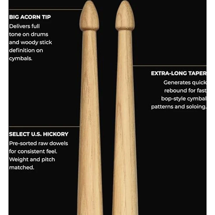 Meinl Big Apple Bop Hickory, Drumsticks aus American Hickory mit leichtem Gewicht, 406 mm Länge, Eichelkopf – Bild 4