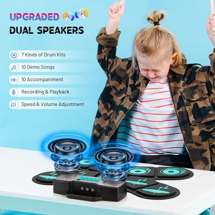 CAHAYA CY00387-1 Elektronisches Schlagzeug für Kinder, aufrollbares E-Drum-Set mit 9-Pads, 2 Pedalen, MIDI-Unterstützung, Stereo-Lautsprechern, Kopfhörerausgang und 10h Akkulaufzeit – Bild 3