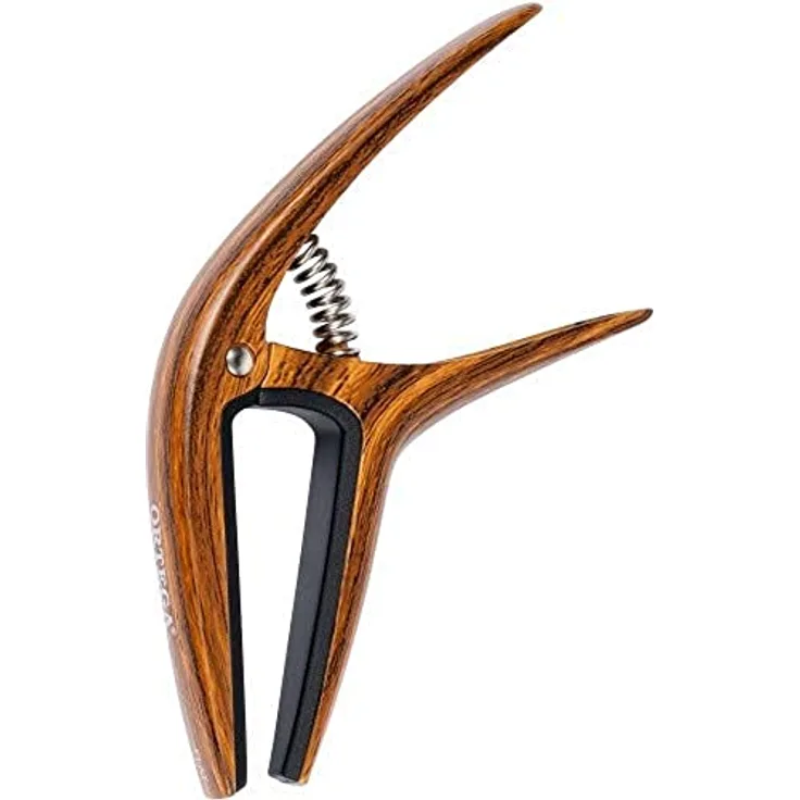 Ortega TWCAPO-WND Walnuss Kapodaster, universell einsetzbar für Westerngitarre, E-Gitarre und Konzertgitarre bis 52mm, mit Silikonpolster, Aluminium-Legierung