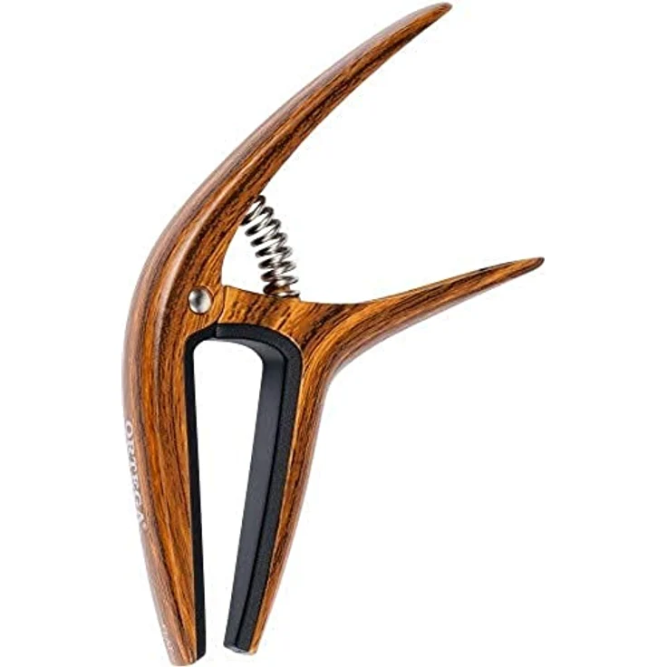 Ortega TWCAPO-WND Walnuss Kapodaster, universell einsetzbar für Westerngitarre, E-Gitarre und Konzertgitarre bis 52mm, mit Silikonpolster, Aluminium-Legierung – Bild 1