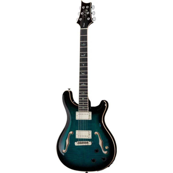 PRS SE Hollowbody II Piezo, E-Gitarre in Peakock Blue Smokeburst, geflammte Ahorn-Decke, 22 Bünde, 2x PRS 58/15 LT "S" Tonabnehmer, inklusive PRS SE Koffer