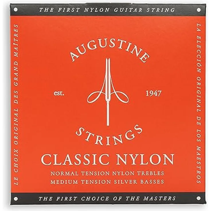 Augustine Klassik Gitarrensaiten Red Label, Regular Tension & versilberte Bass-Saiten Medium Tension, Satzgröße: .028 - .0425