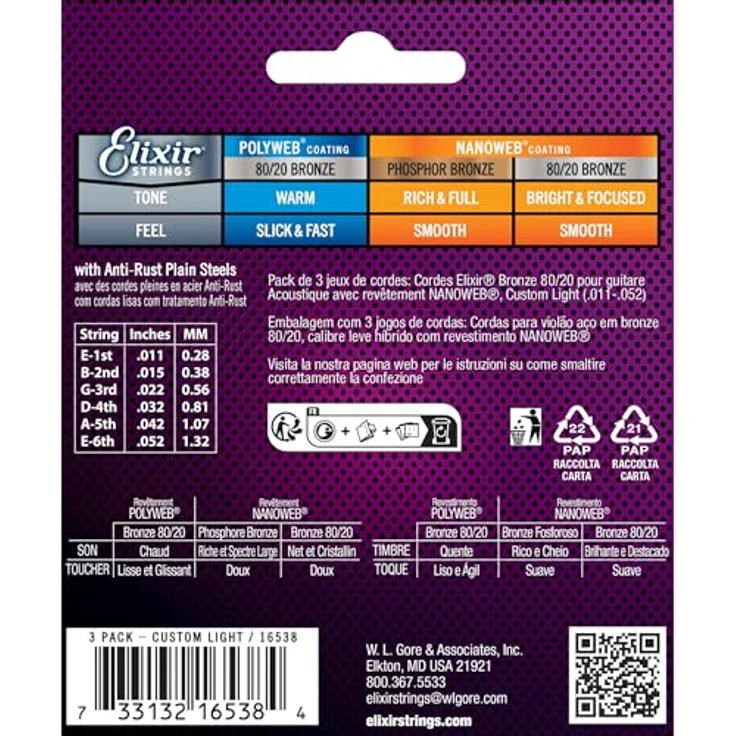 Elixir 16538, 3-er Pack Akustikgitarrensaiten, Bronze, 011/052 mit Gore-Tex Beschichtung und hoher Robustheit – Bild 2