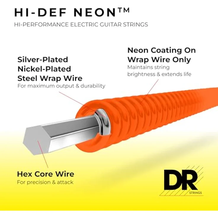 DR Strings Neon Orange Set Saiten der E-Gitarre 11–50, glänzender Klang, leuchtende orange Farbe – Bild 2