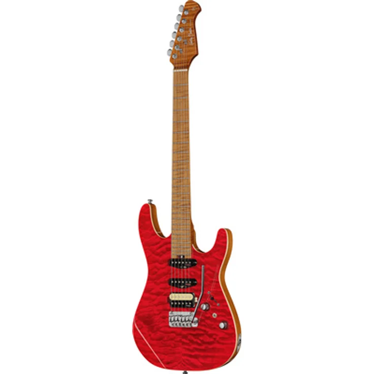 Harley Benton Fusion-IV HSS MN Quilt Raspberry Gloss, E-Gitarre mit Nyatoh-Korpus, 24 Bünden und Tesla Alnico 5 Tonabnehmern