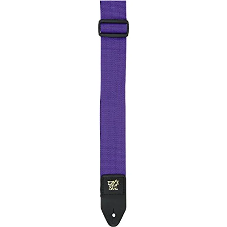 Ernie Ball Gitarrengurt aus Polypropylen, lila, 5 cm breit, verstellbare Länge 104-182 cm, mit schwarzen Lederenden und goldfarbenem Logo – Bild 2