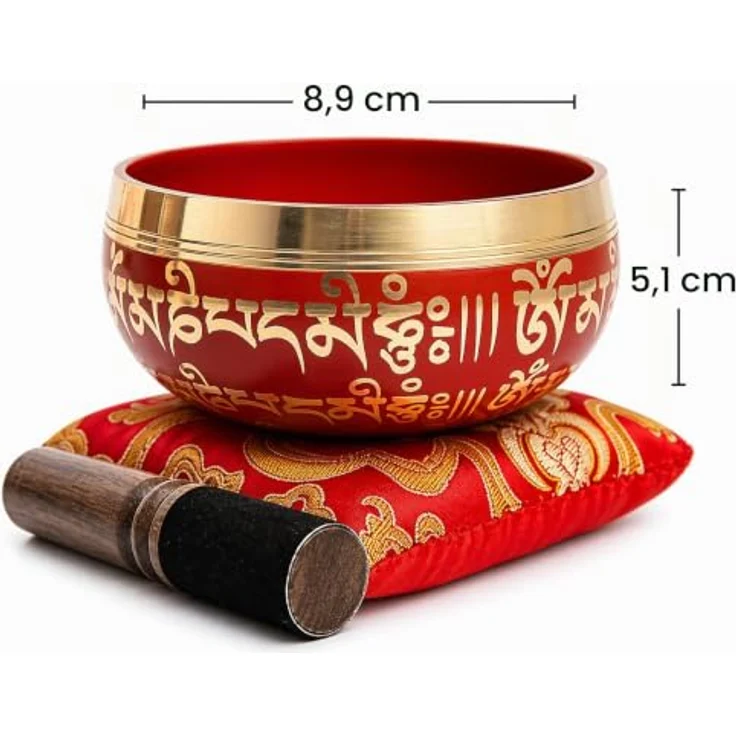 HIMALAYAN BAZAAR Tibetische Klangschalen-Set, handgefertigt für Meditation und Achtsamkeit, 3,5 Zoll, inklusive Seidenkissen und Schlägel, Karmesin – Bild 2