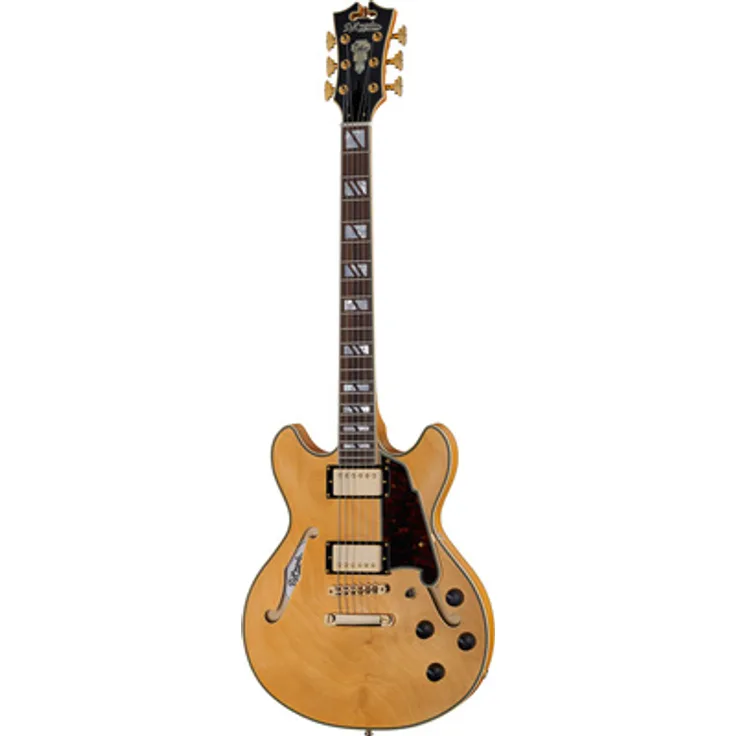 DAngelico Deluxe Mini DC, E-Gitarre Semi Hollow mit Seymour Duncan Tonabnehmer, Satin Honey, inkl. Koffer
