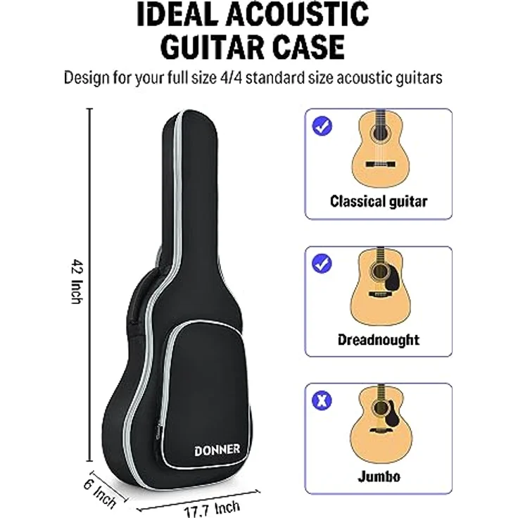 Donner Gitarrentasche Gig Bag für 40/41 Zoll Akustikgitarre, 5mm gepolstert, wasserdicht, schwarz – Bild 3