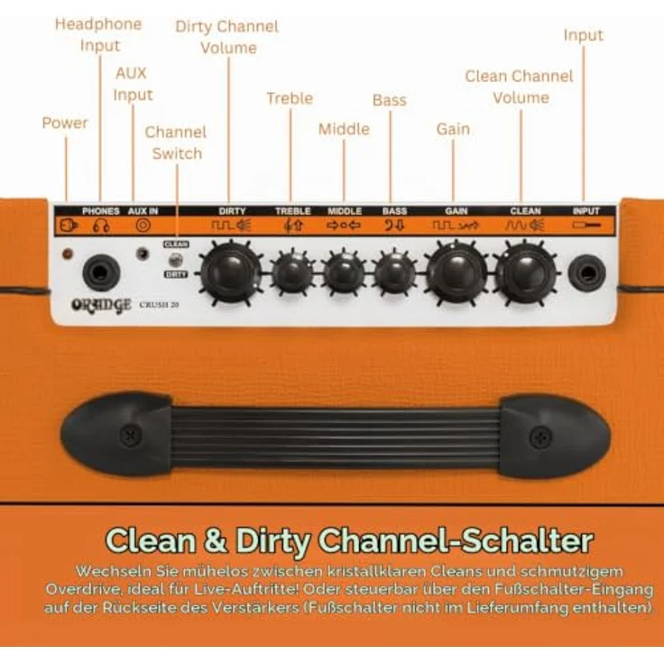 Orange Crush 20, Solid State E-Gitarren-Combo mit 20 Watt Leistung, 1 x 8 Zoll Lautsprecher, Clean/Dirty Umschalter, orange – Bild 3