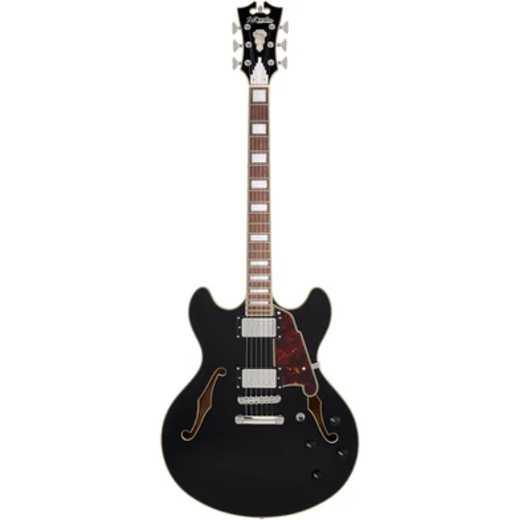 DAngelico Premier DC Solid Black, E-Gitarre Double Cut Semi-Hollow aus Ahorn mit D’Angelico Humbuckern und 22 Bünden