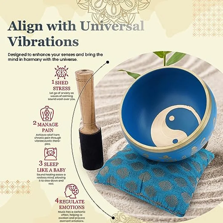 Ajuny Tibetische Klangschale Set, Handgefertigt in Blau Messing mit Kissen und Klöppel, Tai Chi Yin Yang Design, 4 Zoll / 10 cm für Meditation und Yoga – Bild 5