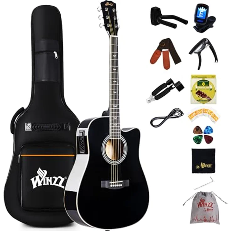 Winzz Elektro-Akustikgitarre Western 4/4, schwarz-glänzend, inkl. 11 Zubehörteilen für Anfänger und Kinder, rechtshändig – Bild 1