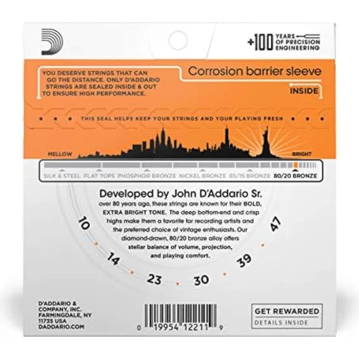 D'Addario EJ10 80/20 Bronze Akustikgitarrensaiten, Extra Light, 10-47, präzise gewickelt mit kräftigem, hellem Klang, hergestellt in den USA – Bild 2
