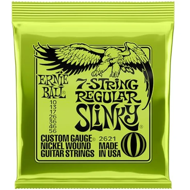 Ernie Ball Regular Slinky E-Gitarrensaiten für 7-Saiter, Nickelwicklung, Stärke 10–56, ausgewogener Ton