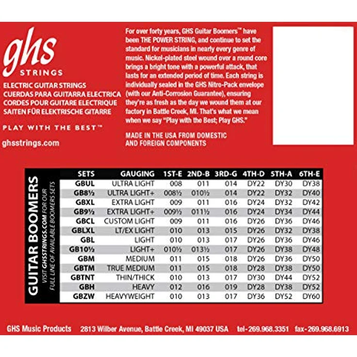 GHS Boomers Ultra Light Plus, E-Gitarren Saitensatz, 6-saitig, Roundwound, Nickel Plated Steel, Stärken: 008-040, Made in USA – Bild 9