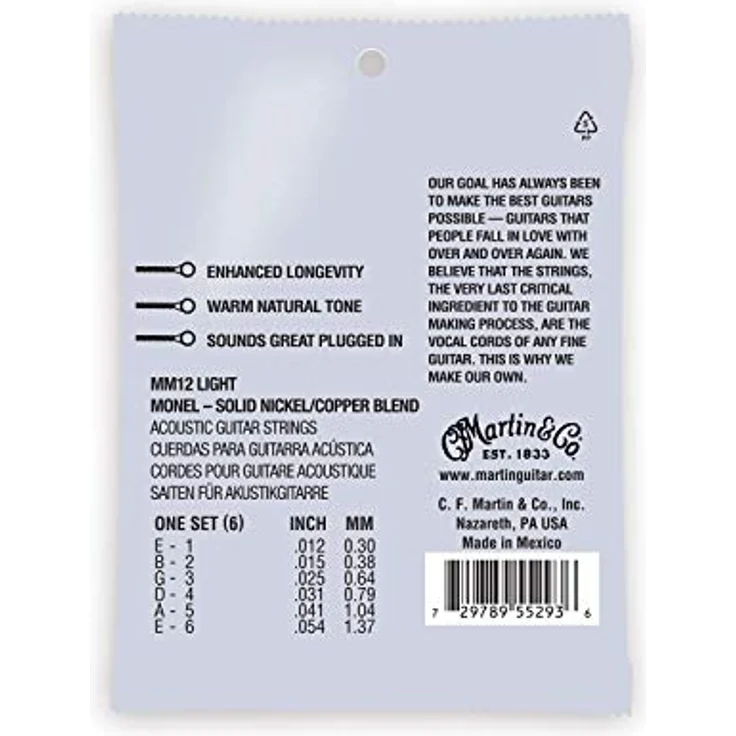 Martin Retro Acoustic Saiten für Akustikgitarre, Monel Nickel/Kupfer-Legierung, Light 12-54 (MM12), korrosionsbeständig, warmer Klang – Bild 2