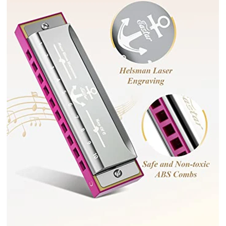 Eastar Major Blues Diatonic Harmonica, 10 Löcher C-Dur Anfänger Mundharmonika für Kinder und Erwachsene, pink mit Hartschalenetui und Reinigungstuch – Bild 5