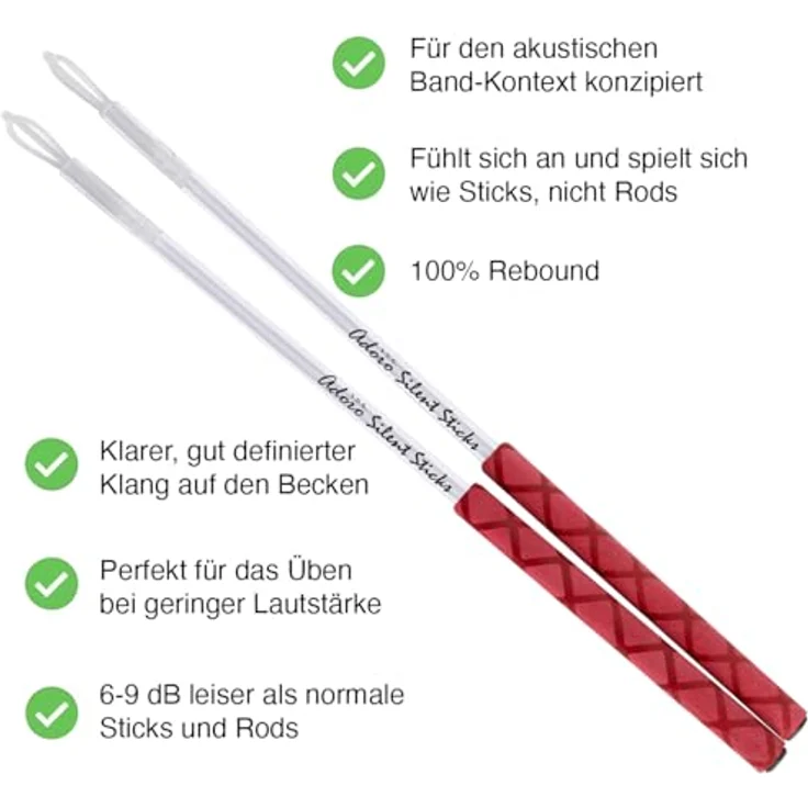 Adoro SPS Silent Sticks Signature, Drumsticks mit rotem Griff, geringerer Lautstärke und Gelenkschonung, 16,5mm Schaft, medium harter Nylontip – Bild 2