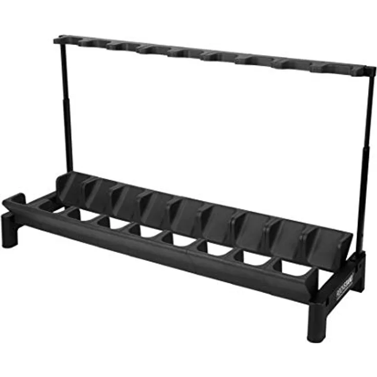 Rockstand RS 20867 9 E-Guitar Stand, Mehrfach-Gitarrenständer für bis zu 9 E-Gitarren/Bässe, schwarz mit anthrazitfarbenen Softpads, klappbar, Maße 1165 x 685 x 400 mm