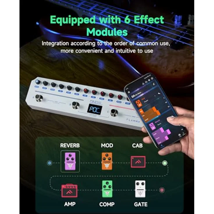 Flamma FB200 Effect Strip, intelligentes Multi-FX-Pedal für E-Bass mit 20 Modulationen und Bluetooth 5.0, schwarz – Bild 2