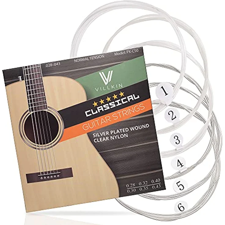 Villkin Gitarrensaiten - Premium Nylon-Saiten für Klassische-, Konzert- & Akustik-Gitarre - Ausgewogener Klang, 6 Saiten Set – Bild 1