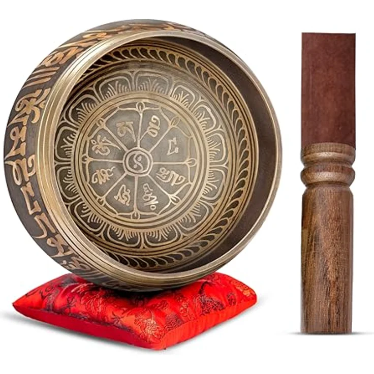 HIMALAYAN BAZAAR Tibetisches Klangschalen-Set, handgefertigt, 10,2 cm, Braun-Rot, inkl. Seidenkissen und Lederklöppel für Meditation und Yoga – Bild 1