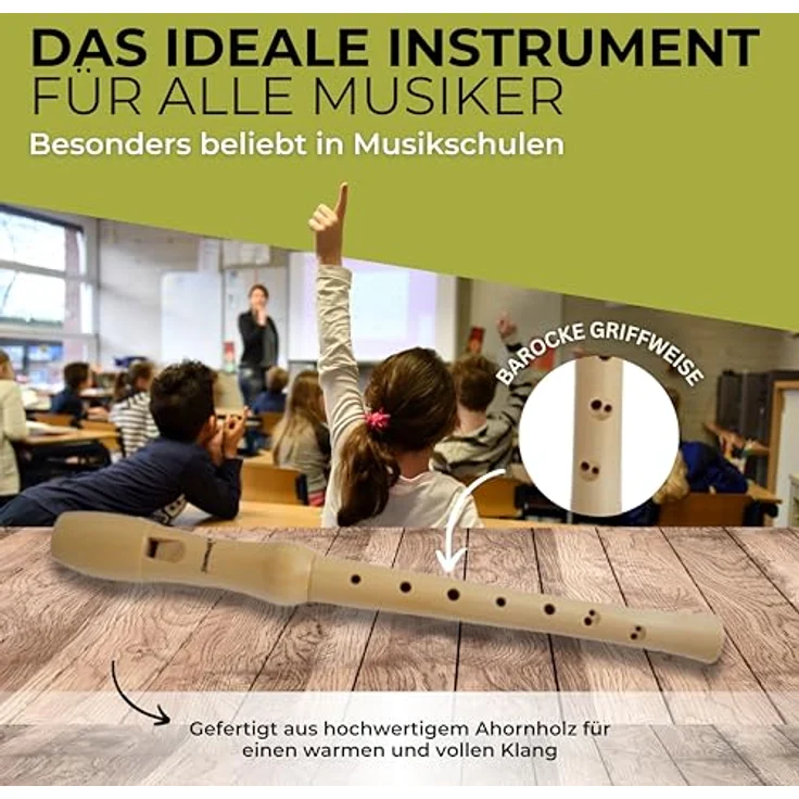 GADGET HERO HeroMusics Blockflöte aus Holz, barocke Griffweise, 8-Loch, Sopranblockflöte aus Premium Ahornholz, inkl. Reinigungsset & Etui – Bild 3