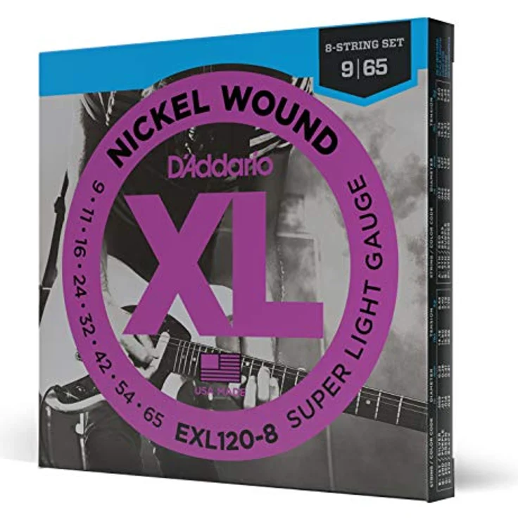 D'Addario XL Nickel EXL120-8 E-Gitarrensaiten 8-Saiter 09-65, vielseitiger heller Ton mit patentiertem Hex-Core für perfekte Intonation – Bild 1