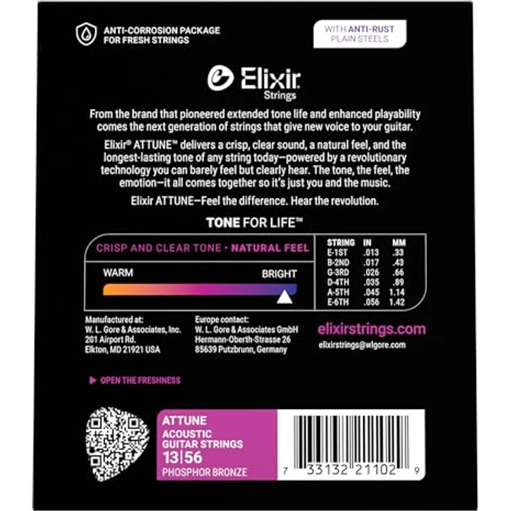 Elixir Attune 21102, Phosphor Bronze Gitarrensaiten für Westerngitarre, Medium Stärke, klarer Klang, langlebig, Anti-Rost und beschichtet – Bild 2