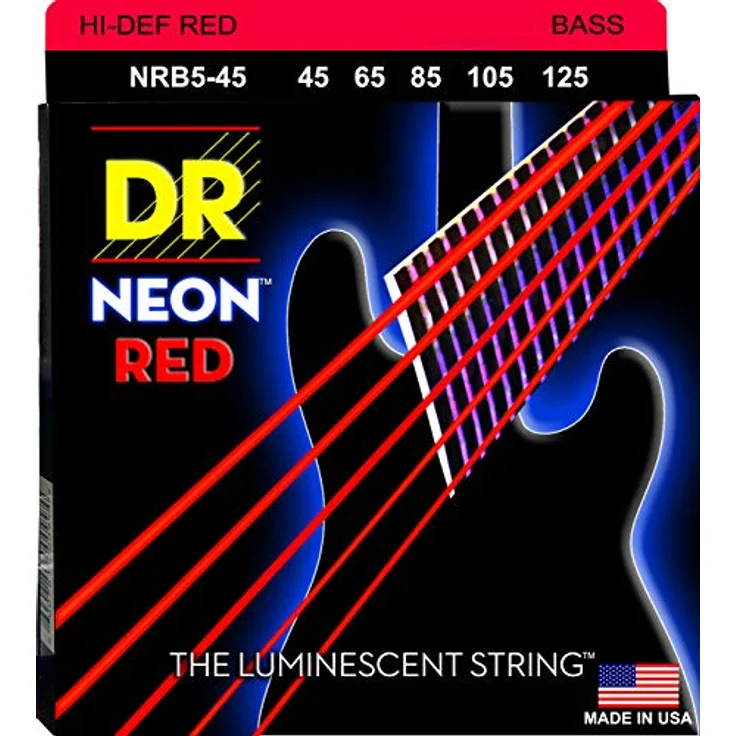 DR Strings Hi-Def Neon Rot NRB5-45, E-Bass Saiten Medium 45-125 für 5-Saiter, UV-reaktiv und langlebig – Bild 1