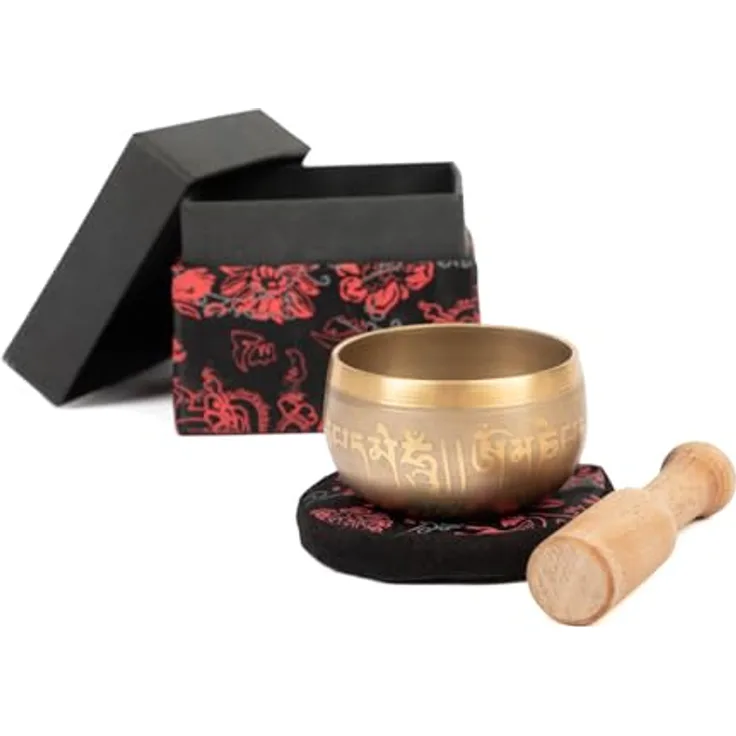 Bodhi Indische Klangschale Ø 8 cm, Messing mit Verzierung, Set inkl. Kissen, Klöppel & Geschenkbox, golden/hölzern, ideal für Meditation und Klangtherapie