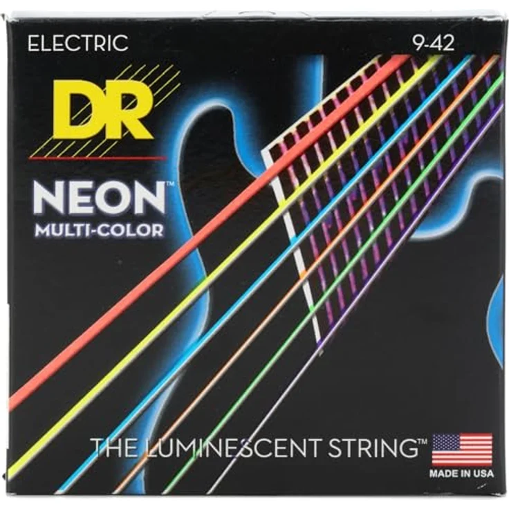 DR Neon Gitarrensaiten NMCE-9, Multi Colour Lite .009 - .042, K3-Beschichtung für lange Haltbarkeit und klare Projektion, UV- und Schwarzlicht-Effekt